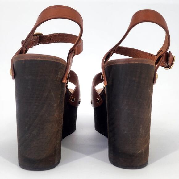 Celine Wooden Platform Wedge Sandals Tan Leather Gold Studs 37 (US 7) - Picture 6 of 17